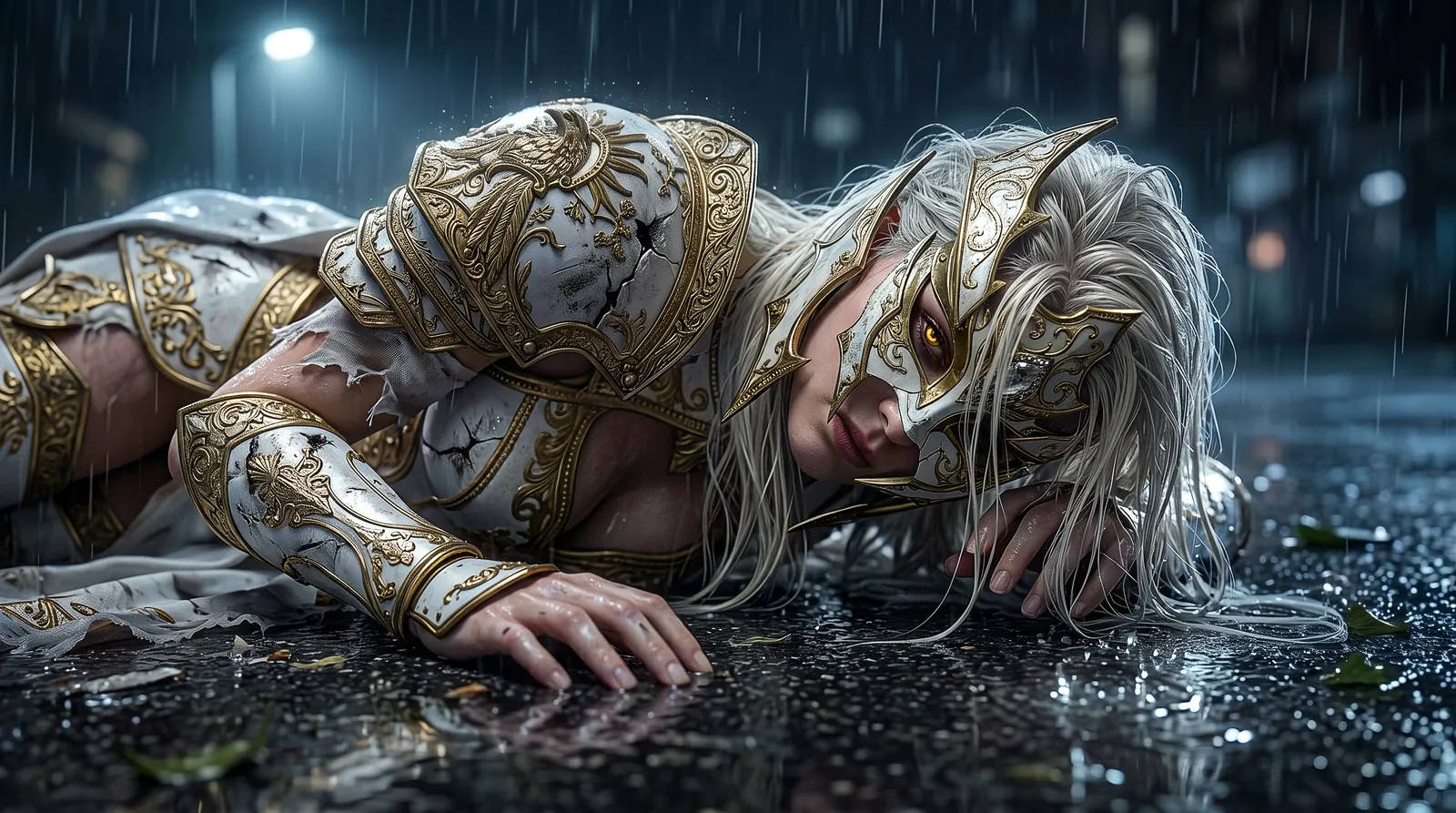 Claire caída de bruços no asfalto molhado, a armadura rachada, sob chuva.